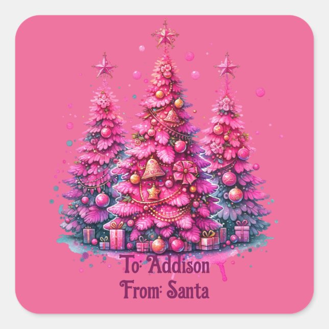 Pegatina Cuadrada Árbol de Navidad Rosa Estético Preppy (Anverso)