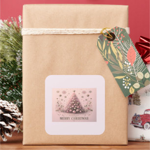 Pegatina Cuadrada Árbol de Navidad Rosa Feliz Navidad 
