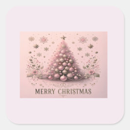 Pegatina Cuadrada Árbol de Navidad Rosa Feliz Navidad 