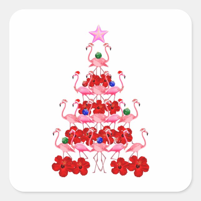Pegatina Cuadrada Árbol de Navidad Rosa Flamingo (Anverso)