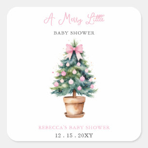 Pegatina Cuadrada Árbol de Navidad rosa Merry Little Baby Shower
