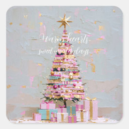 Pegatina Cuadrada Árbol de Navidad rosa y dorado Impasto