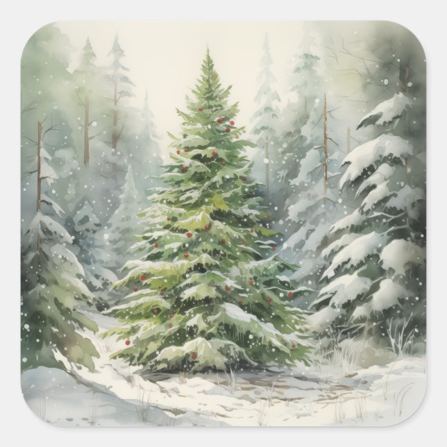 Pegatina Cuadrada Árbol de Navidad Rústico (Anverso)