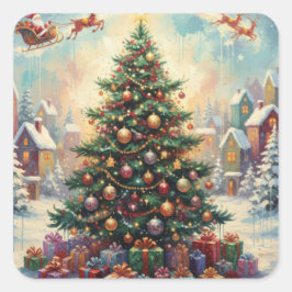 Pegatina Cuadrada Árbol de Navidad, Santa Claus