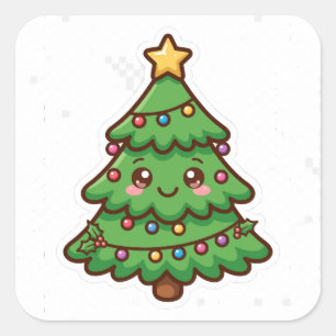 Pegatina Cuadrada Árbol de Navidad sonriente y adorable sticker Kawa
