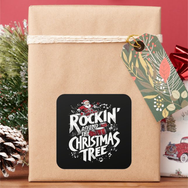 Pegatina Cuadrada Árbol de Navidad Text Drummer Rockin ' (Vacaciones)