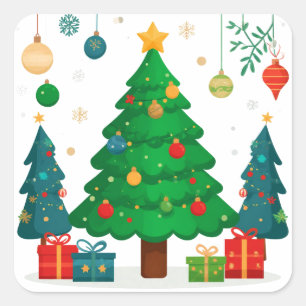 Pegatina Cuadrada Árbol de Navidad tradicional con adornos coloridos