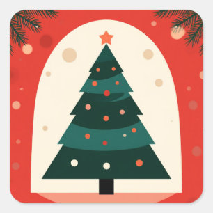 Pegatina Cuadrada Árbol de Navidad verde con fiesta roja