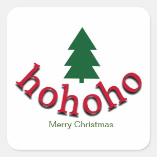 Pegatina Cuadrada Árbol de Navidad Verde HoHoHo Feliz Navidad Roja