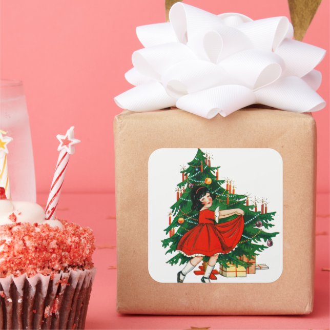 Pegatina Cuadrada Árbol de navidad y chica vintage (Fiesta)