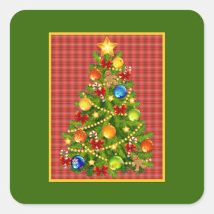 Pegatina Cuadrada Árbol de Navidad y Red Planteada