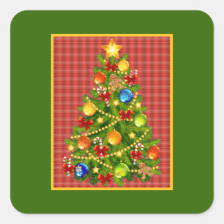 Pegatina Cuadrada Árbol de Navidad y Red Planteada
