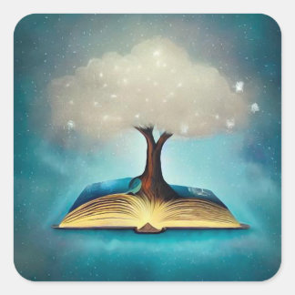 Pegatina Cuadrada Árbol de Nube y Libro Abierto
