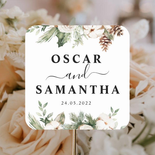 Pegatina Cuadrada Árbol de pino verde acuático y flores blancas (Subido por el creador)