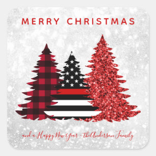 Pegatina Cuadrada Árbol de Purpurinas de la línea roja para Navida