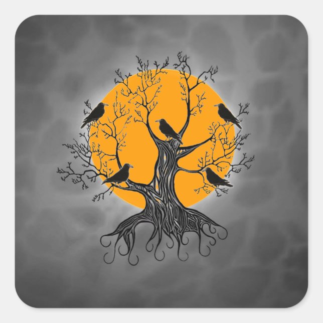 Pegatina Cuadrada Árbol de raven con luna (Anverso)