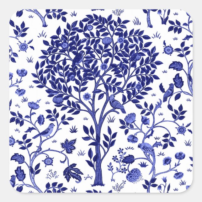 Pegatina Cuadrada Árbol de vida William Morris, azul cobalto y blanc (Anverso)