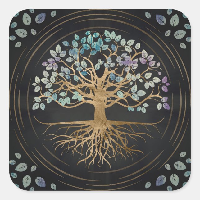 Pegatina Cuadrada Árbol de vida - Yggdrasil - Oro y textura pintada (Anverso)