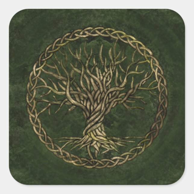 Pegatina Cuadrada Árbol de vida -Yggdrasil- verde y oro (Anverso)