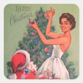 Pegatina Cuadrada Árbol decorativo de Chica de Navidad de los años 5