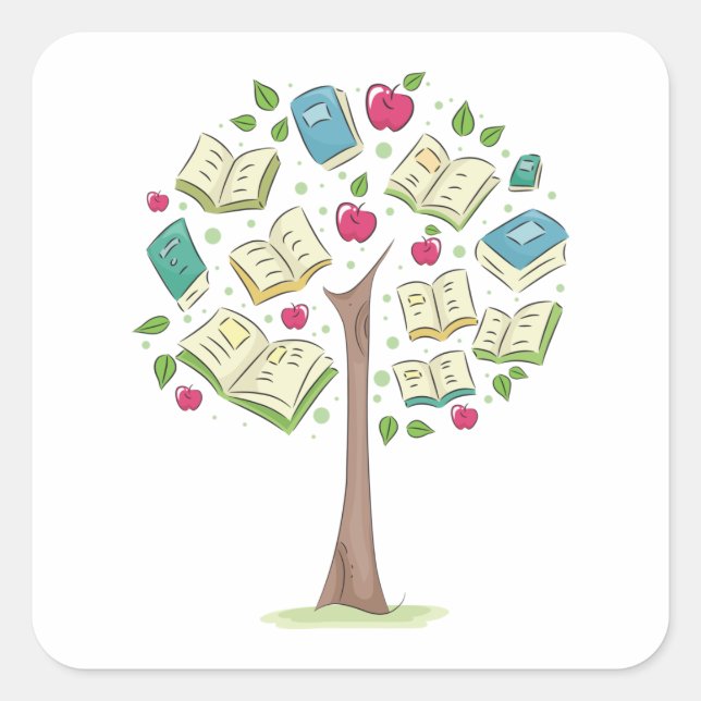 Pegatina Cuadrada Árbol educativo del conocimiento con libros (Anverso)