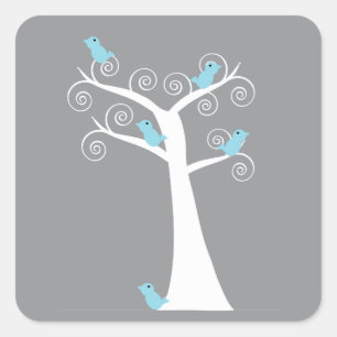 Pegatina Cuadrada Árbol en espiral blanco caprichoso con pájaros azu
