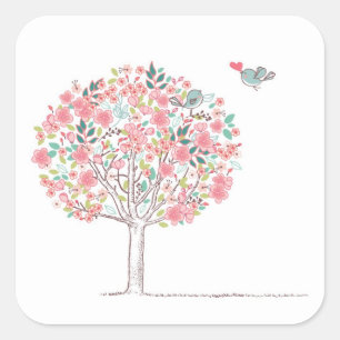 Pegatina Cuadrada Árbol floreciente y pájaros enamorados