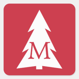 Pegatina Cuadrada Árbol geométrico blanco sobre rojo con monograma P