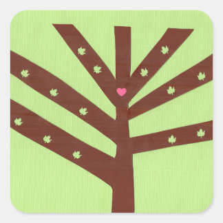 Pegatina Cuadrada Árbol minimalista con corazón y hojas rosas