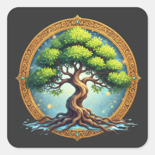 Pegatina Cuadrada Árbol Místico de la Vida Filigrana Dorada Espiritu