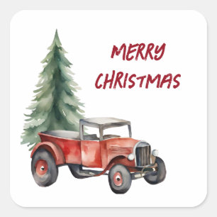 Pegatina Cuadrada Árbol navideño acuarela y camión vintage