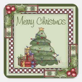Pegatina Cuadrada Árbol navideño y regalos Feliz Navidad