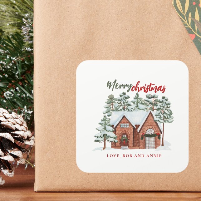 Pegatina Cuadrada Árbol nórdico de Navidad Verde Rojo Moderno (Subido por el creador)