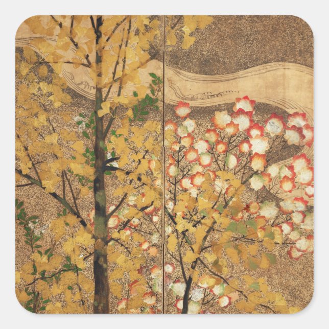 Pegatina Cuadrada Árbol otoñal (Anverso)