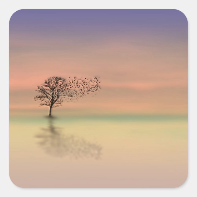 Pegatina Cuadrada Árbol que sopla en el viento (Anverso)