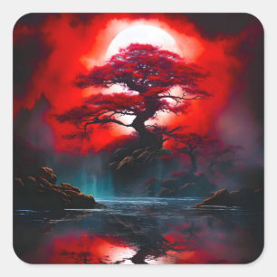 Pegatina Cuadrada Árbol Rojo Místico Bajo Luna Llena