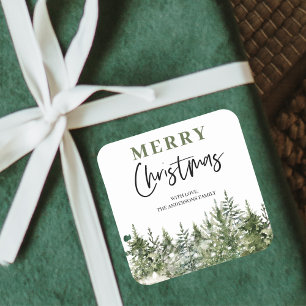 Pegatina Cuadrada Árbol verde de los navidades   Feliz Navidad