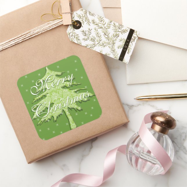 Pegatina Cuadrada Árbol verde de Navidad con estrellas (Regalar)