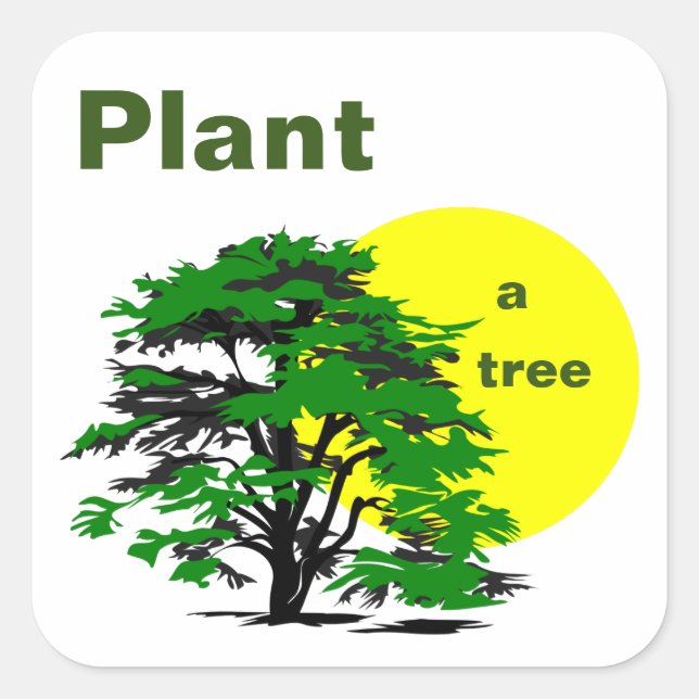 Pegatina Cuadrada Árbol verde y sol amarillo, plantar un árbol (Anverso)