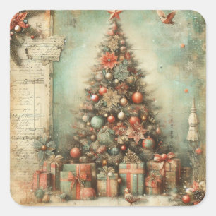 Pegatina Cuadrada Árbol vintage de Navidad