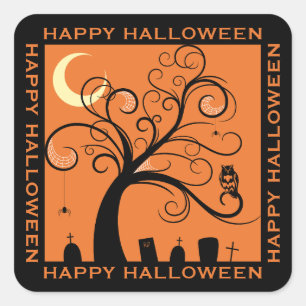 Pegatina Cuadrada Árbol y cementerio Arte naranja Feliz Halloween