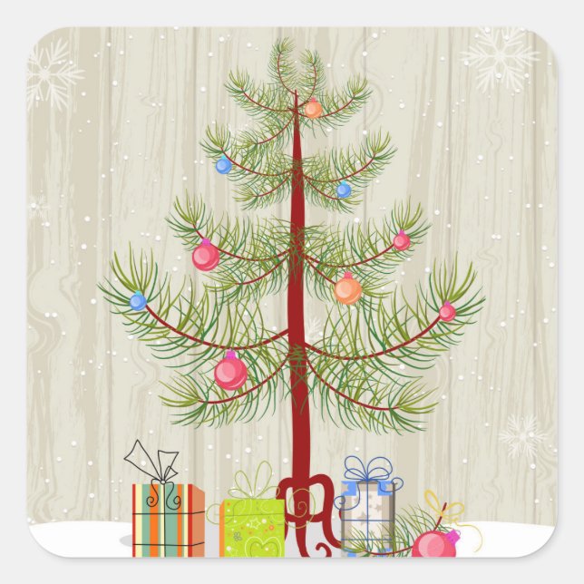 Pegatina Cuadrada Árbol y regalos (Anverso)