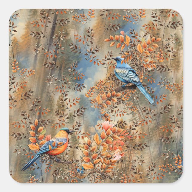 Pegatina Cuadrada Árboles altos, hojas de otoño y aves azules (Anverso)