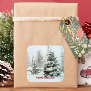 Pegatina Cuadrada Árboles con nieve, Feliz Navidad,
