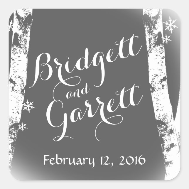 Pegatina Cuadrada Árboles de aves de invierno y copos de nieve (Anverso)