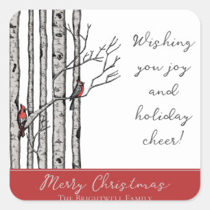 Pegatina Cuadrada Árboles de aves modernos y aves cardinales rojas
