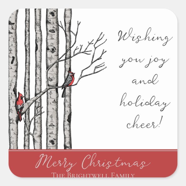 Pegatina Cuadrada Árboles de aves modernos y aves cardinales rojas (Anverso)