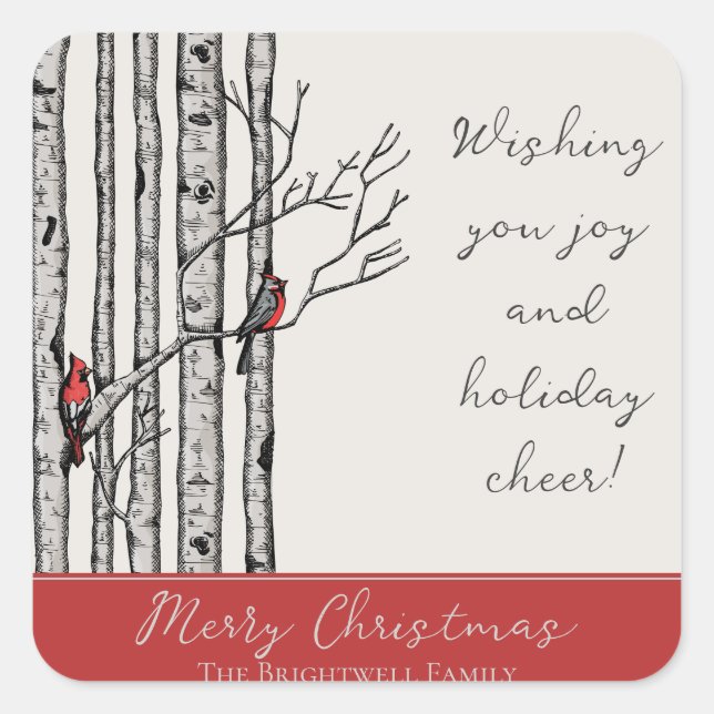 Pegatina Cuadrada Árboles de aves modernos y aves cardinales rojas (Anverso)