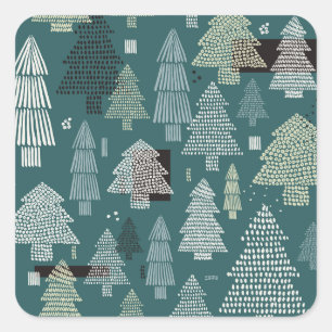 Pegatina Cuadrada Árboles de invierno, patrón vintage de Navidad.