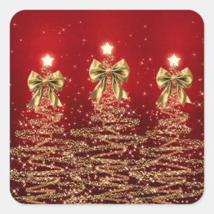 Pegatina Cuadrada Árboles de Navidad Brillantes Rojo Dorado con Lazo